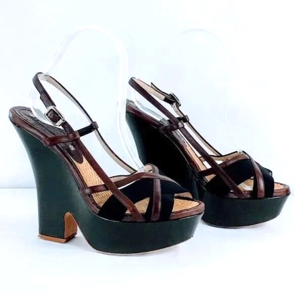 Celine Spazzolato Patent Leather Block Heel Platform Sandals